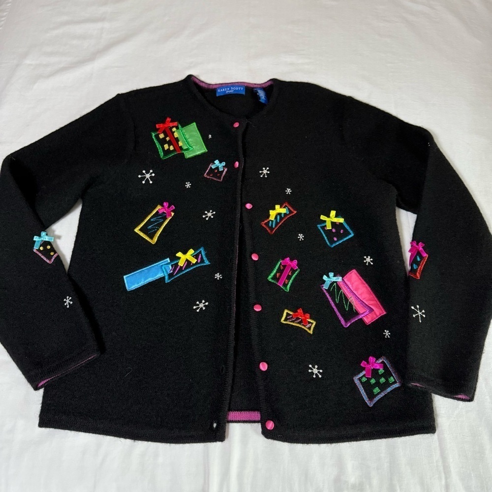 Karen Scott Sport Women’s Black Medium Wool Satin Button Cardigan Gifts Casual